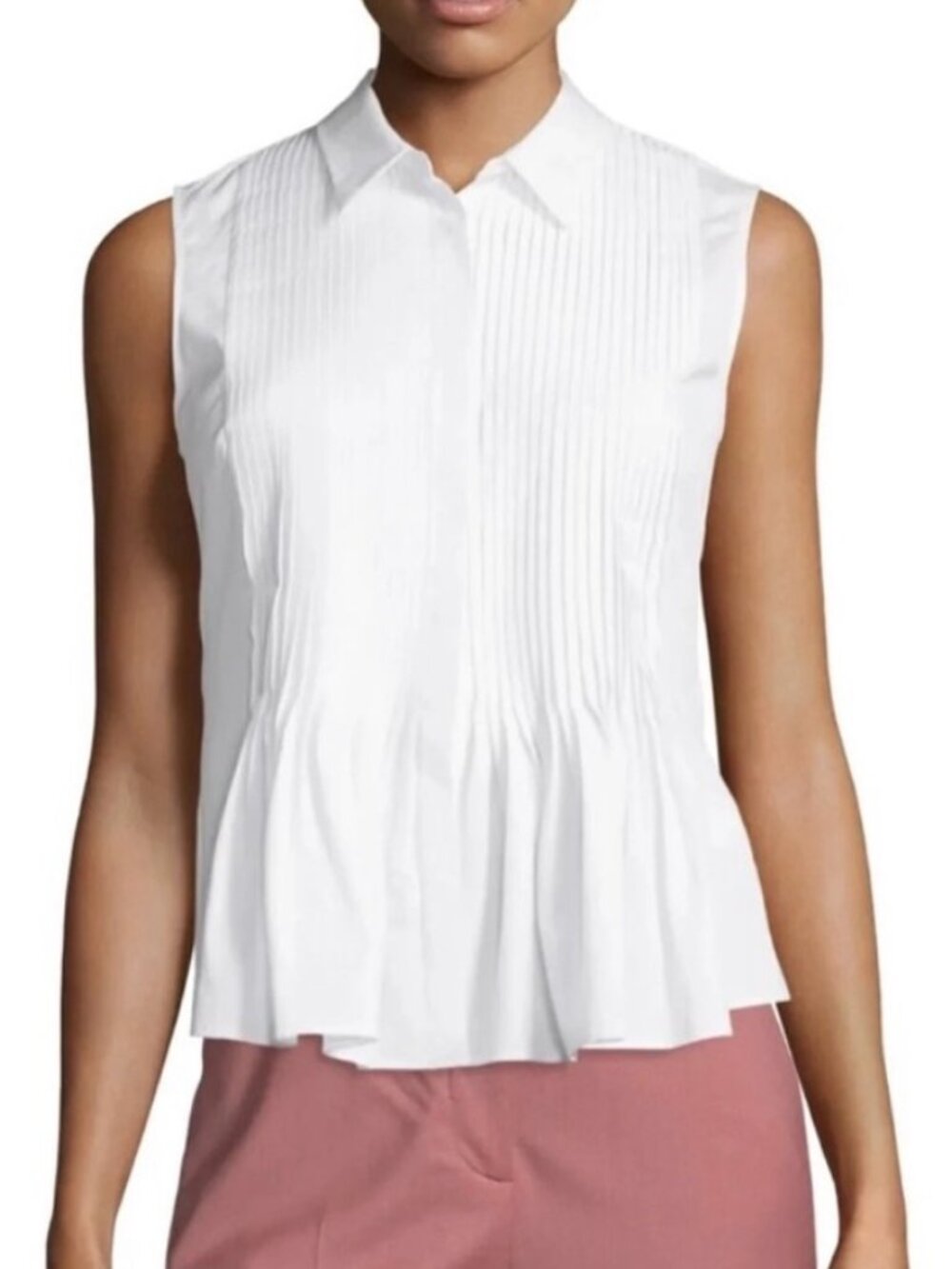 Theory Dionelle B Tailored Pintuck Top White Poplin Pleated Sleeveless Size M